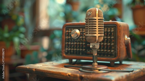Retro microphone in focus with old radio background.