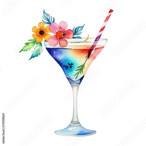 a watercolor glass of cocktail with flowers on Isolated transparent background png. generated with AI
