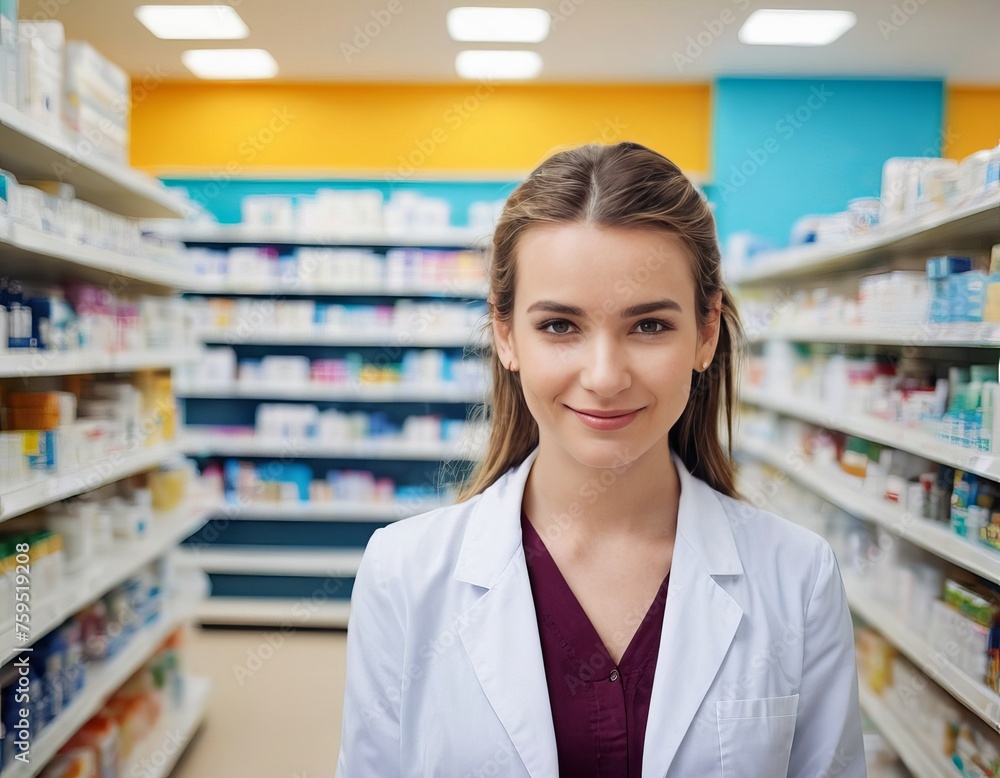 A woman in a white lab coat stands in a pharmacy aisle. She is smiling and looking at the camera