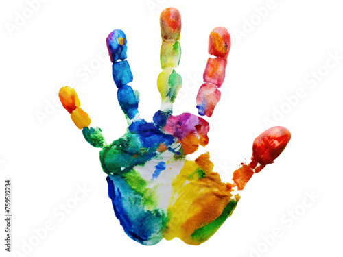 Rainbow colored hand print, isolated on transparent background.