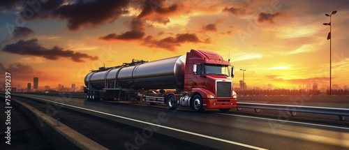 Tanker truck on the big highway city at sunset ..