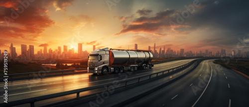 Tanker truck on the big highway city at sunset ..