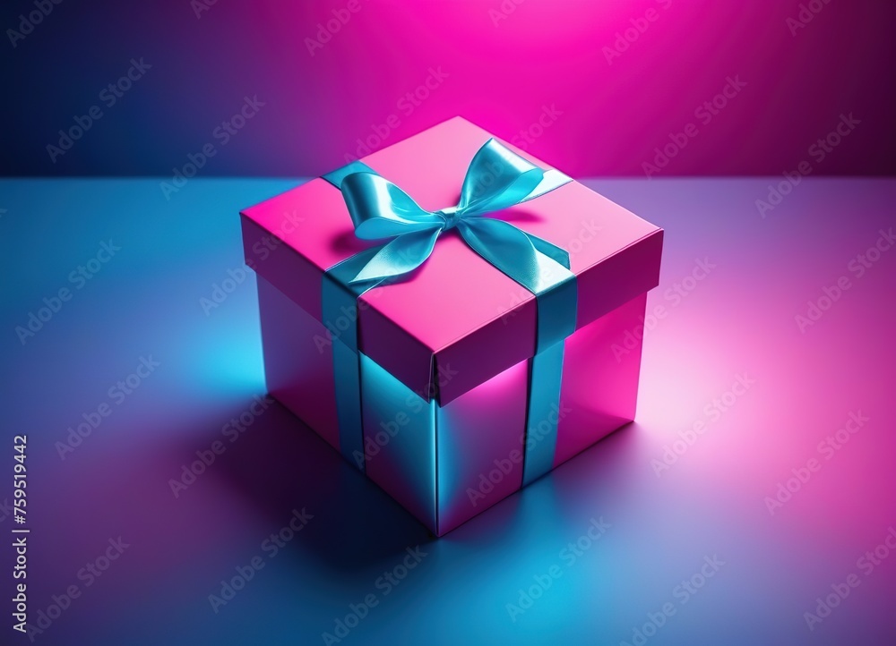 gift in a box with a bow. trendy neon color pink and blue. holiday gift in a box with a bow. trendy neon color pink and blue. holiday