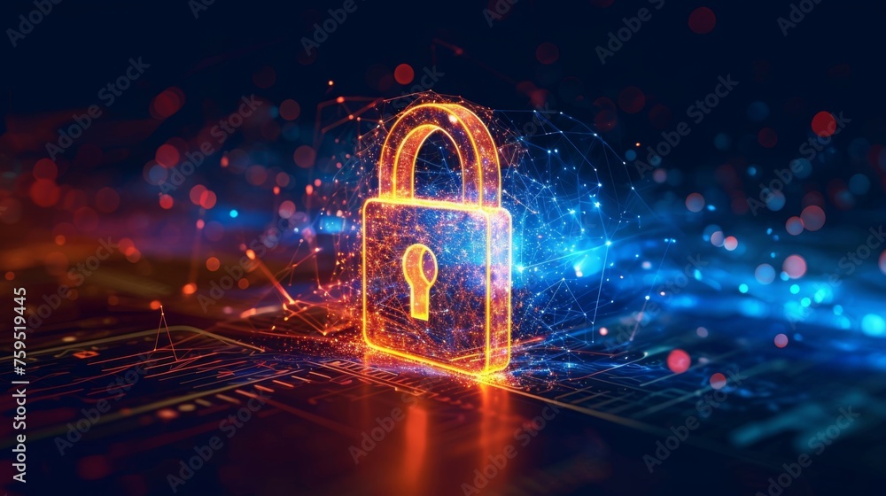 Abstract illustration of a secure digital padlock protecting customer data conveying trust and online security. - obrazy, fototapety, plakaty 