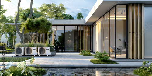 A rendering of a house with a pool in the middle, A rendering of a modern house with a garden and steps leading to the front door generative ai   © Umair
