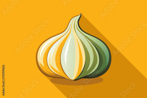 A pungent bulb of garlic sits nestled among vibrant green stalks on a rustic wooden surface.