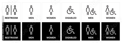male and female toilet symbols. disabled icon. gender icon. restroom pictogram. WC signage