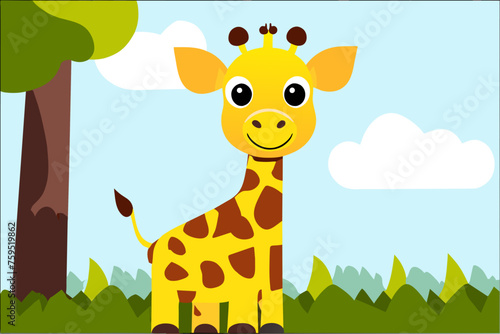 A delightful giraffe stands against a serene backdrop of lush trees.