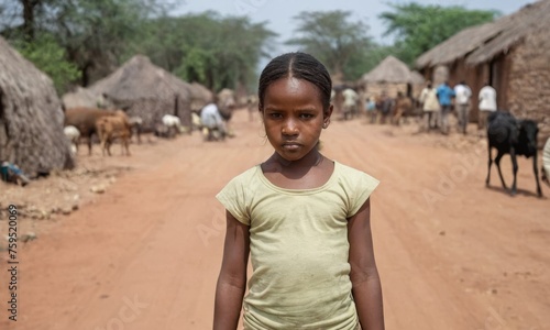 A young african american preteen girl stands in front of a dirt road in a village. The girl has hair in a braid. photo