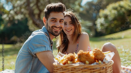 A young couple enjoying a picnic in the park, smiling as they indulge in a basket filled with crispy fried chicken tenders and french fries
