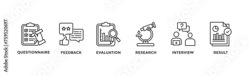 Survey banner web icon vector illustration concept for customer satisfaction questionnaire feedback with icon of evaluation, research, interview and result 