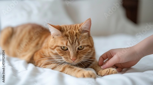 Hand playing with the Cat on a white bed