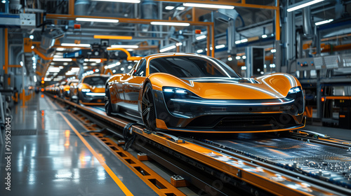 Striking orange electric hypercar moves along an automated assembly line in a contemporary car factory. © Varunee