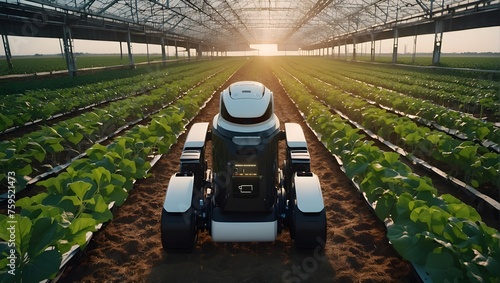 An autonomous tractor navigates through a sunlit greenhouse, moving between rows of lush green crops, showcasing modern agricultural technology in practice

 photo