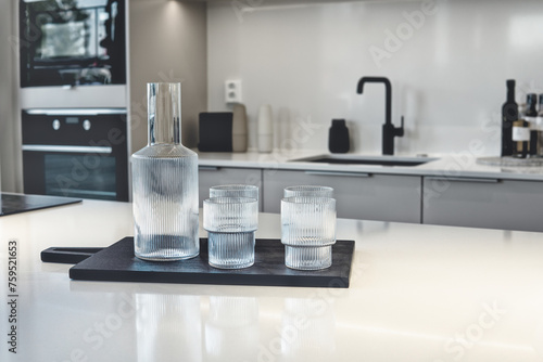 glass of water on kitchen counter, kitchen interior