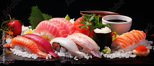 Traditional japanese food sushi rice and seafood ..