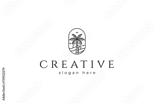 Palm tree logo design icon vector line art with sunset sea waves and flying birds background