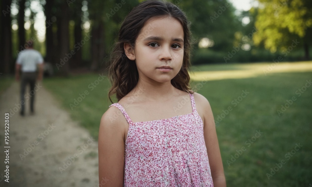 A young girl is standing in a park wearing a pink dress. She is looking at the camera with a serious expression A young girl is standing in a park wearing a pink dress. She is looking at the camera with a serious expression