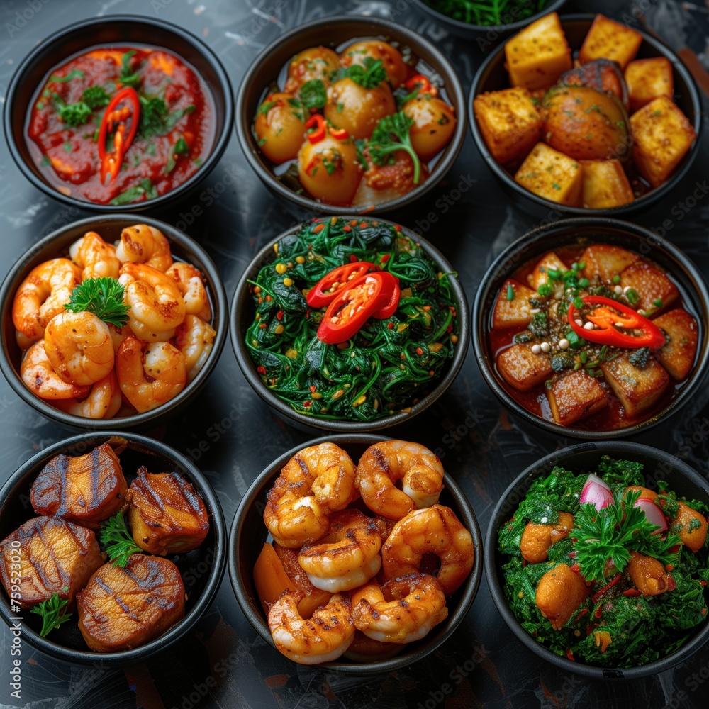 variety of seafood dishes in plates variety of seafood dishes in plates