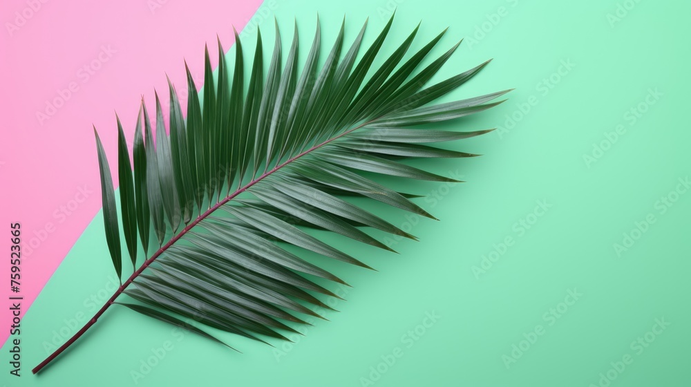 Fototapeta premium Palm tree with tropical leaves on a green background with a place for text. The concept of recreation, tourism and sea travel.