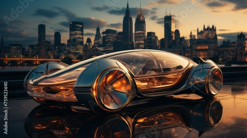 Futuristic car with transparent parts on city backdrop 