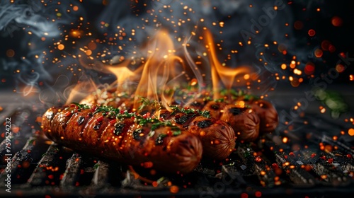 Grilled sausages with fire and smoke on a dark background,  © Media Srock