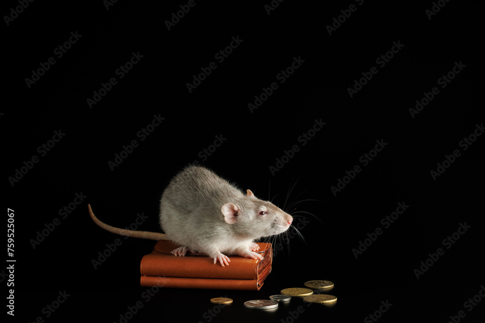 A gray rat lies on a wallet with coins. Mouse and money isolated on a black background. Greedy rodent steals coins - obrazy, fototapety, plakaty 