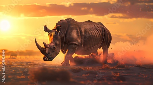Majestic rhino charging through dust at sunset. wildlife in action captured in vivid detail. perfect for editorial use. AI © Irina Ukrainets