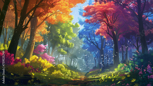 Vibrant and lush forest scene with a variety of colors