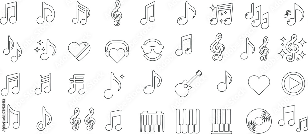Musical notes, line art icons, music note vector illustration. Perfect for music apps, websites, print. Elegant, modern design featuring various musical symbols and instruments Musical notes, line art icons, music note vector illustration. Perfect for music apps, websites, print. Elegant, modern design featuring various musical symbols and instruments