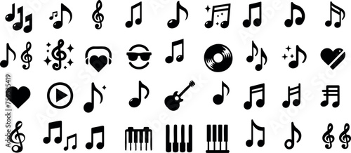 musical notes and symbols, including creative heart and smiley shapes, isolated on a white background. Perfect for music education and compositions