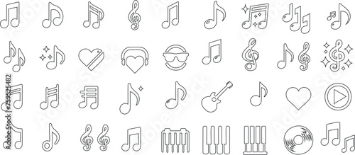 Musical notes, line art icons, music note vector illustration. Perfect for music apps, websites, print. Elegant, modern design featuring various musical symbols and instruments