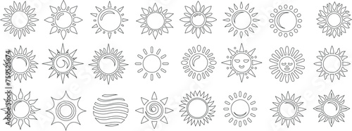 Sun line art collection, black sun outline on white background. Perfect sun vector for icons, tattoos, decorations. Unique, abstract, simple, intricate designs