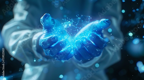 Mystical glowing energy in hands  conceptual magic power  futuristic blue particles. fantasy and science. AI