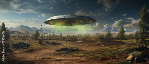 Vintage Flying saucer UFO crash site with green alien photo