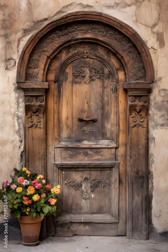The Aesthetically Pleasing, Antiquated, Ornately Carved, Wooden Door amidst Stone Wall with Historical Significance