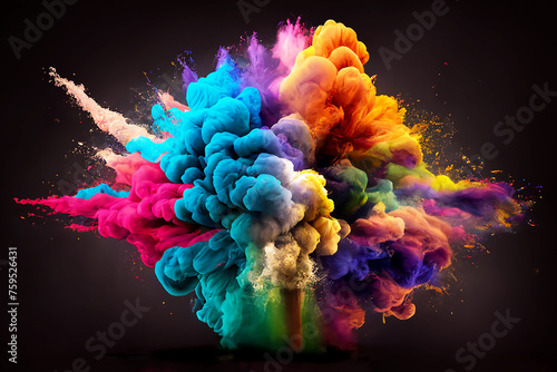 An explosion of multicolored paint, a cloud of dust. black background. 