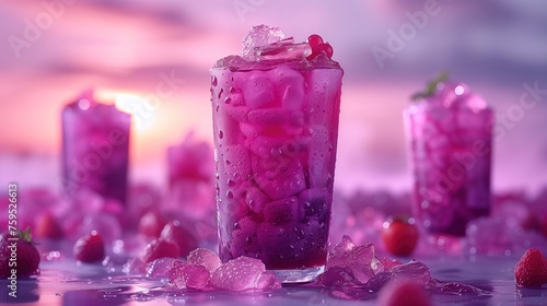 berry cocktail with ice cubes in a glass