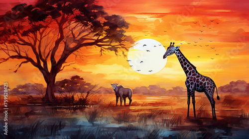 Watercolor Painting Wild Giraffe and Elephant