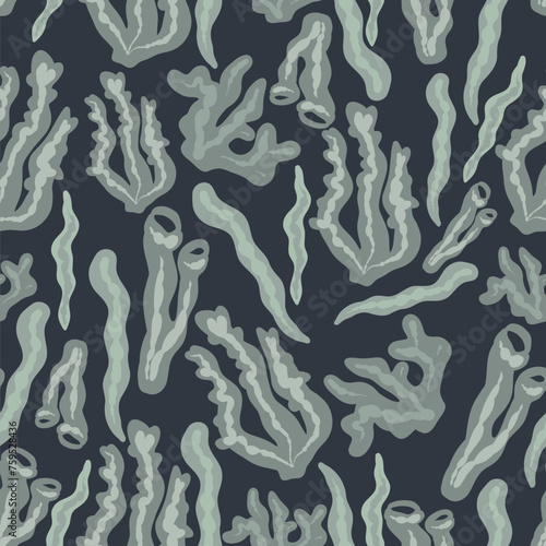 Dark background flat design shell and seaweeds seamless pattern