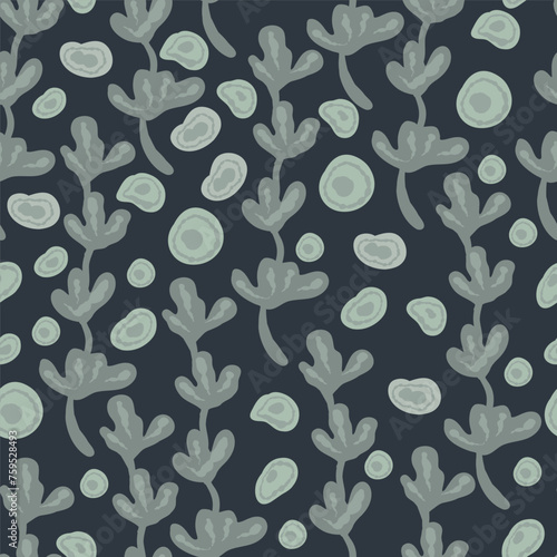 Flat design blue sea background seaweeds bubbles seamless pattern