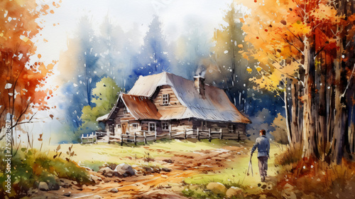 Watercolor painting of an old wooden house in the autumn