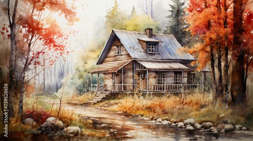 Watercolor painting of an old wooden house in the autumn