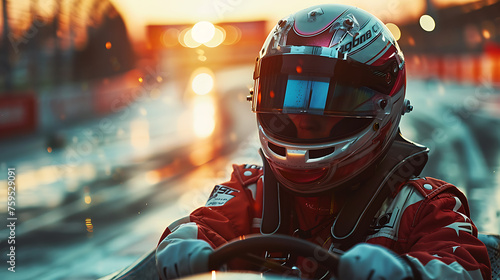 A Driver in Gear and Helmet Drives a Racing Car, Speeding Action on Race Track, Motorsport Athlete Competing in Championship, Professional Car Racing Scene, Thrilling Sport Competition, Generative AI 