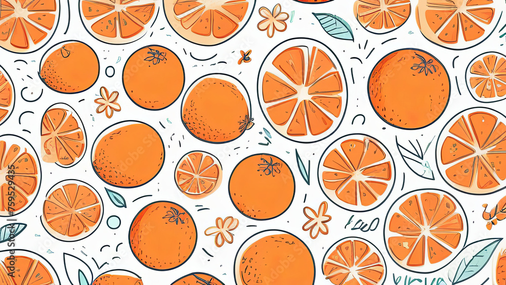 Illustration of various orange slices and whole oranges with leaves and blossoms, in a bright, child hand-drawn style.