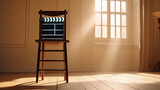 film director’s chair with a clapperboard on the seat, placed in a room with natural sunlight streaming in, sunlit room with the glow of morning light casting soft shadows on the wooden floor.