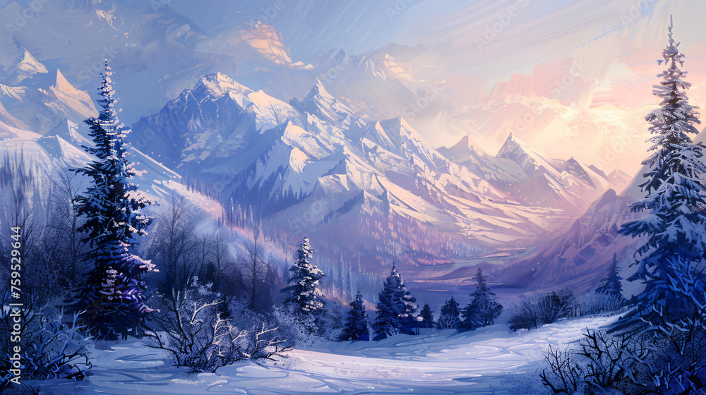 Winter landscape. Beautiful mountains. Interior painti