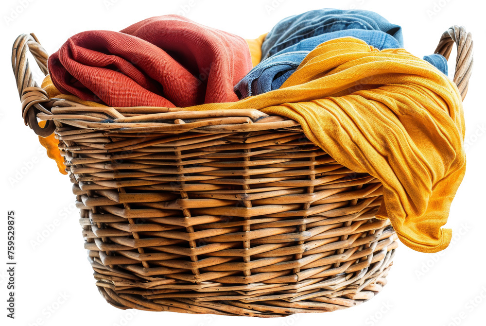 Colorful laundry in wicker basket, cut out - stock png.