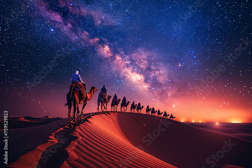 people riding camels in the desert, camel in the desert, sunset over the desert photo