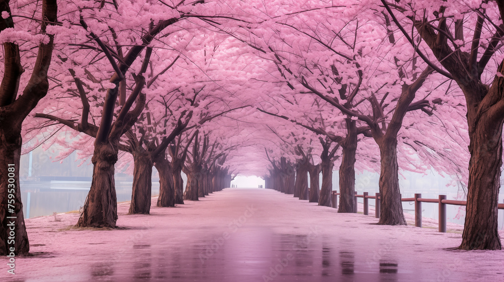 Rows of trees, rows of cherry blossom blooming trees in park, springtime